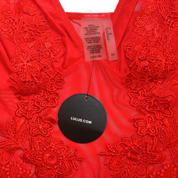 Lulu's Red Embroidered Sheer Mesh 'Love Me Harder' Bodysuit SIZE MEDIUM - Picture 7 of 8